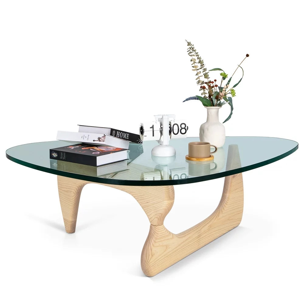 Mid Century End Table Triangle Tempered Glass Coffee Table Solid Wooden Base for Living Room Patio,Nature Wood Color - Radiant Selections