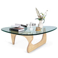 Mid Century End Table Triangle Tempered Glass Coffee Table Solid Wooden Base for Living Room Patio,Nature Wood Color - Radiant Selections