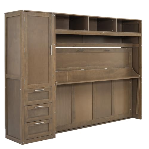 Modern Full Size Murphy Bed with Wardrobe and Storage Drawers, Solid Wood, Antique Grey N211
