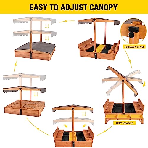 Kids Sandbox with Canopy and Foldable Bench Seats Outdoor Wooden Playset q7m