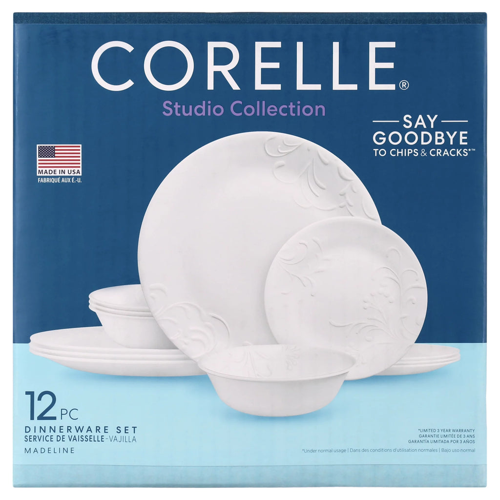 Corelle Madeline Embossed 12-Piece White Dinnerware Set J548316