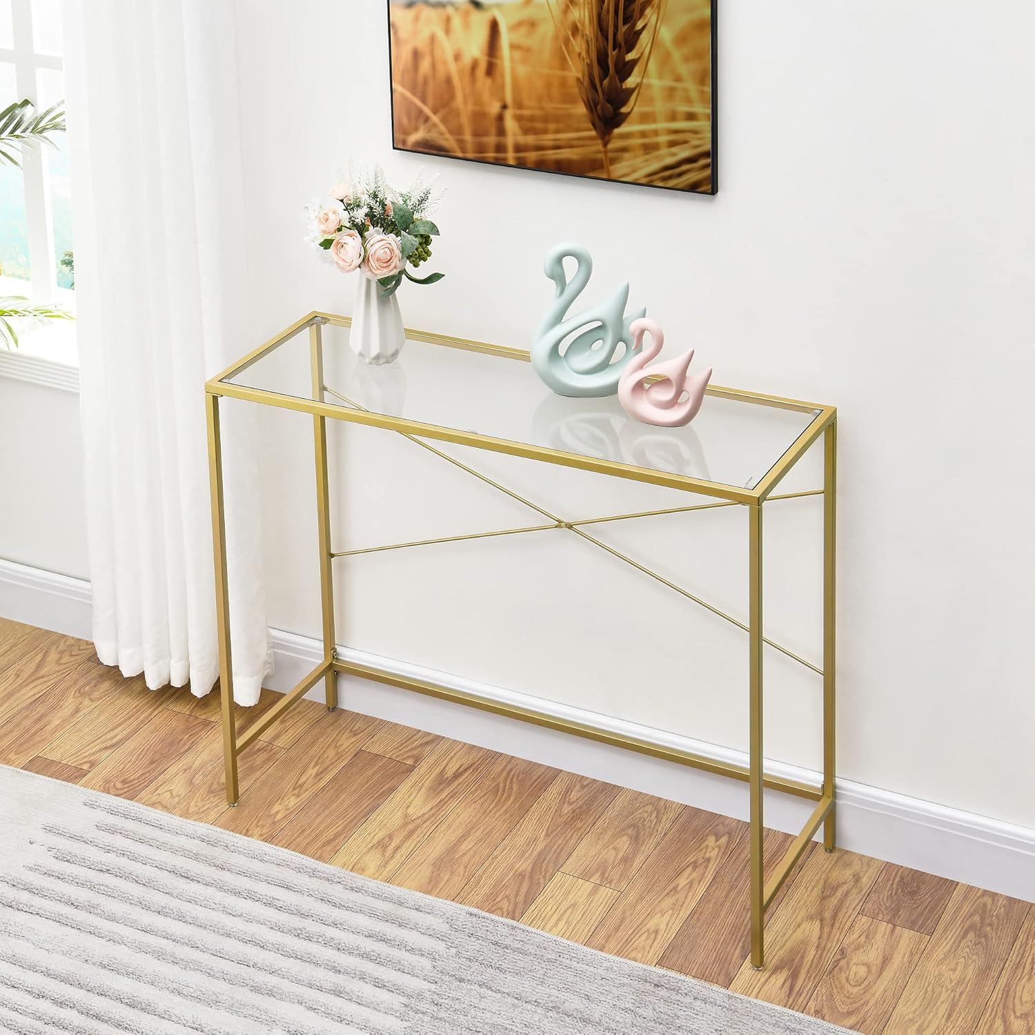 Golden Console Table 39.37" with Tempered Glass Top, Metal Frame, Gold F17720