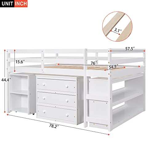 Low Study Loft Bed with Desk and Bookshelf, Pinewood Frame, White R677