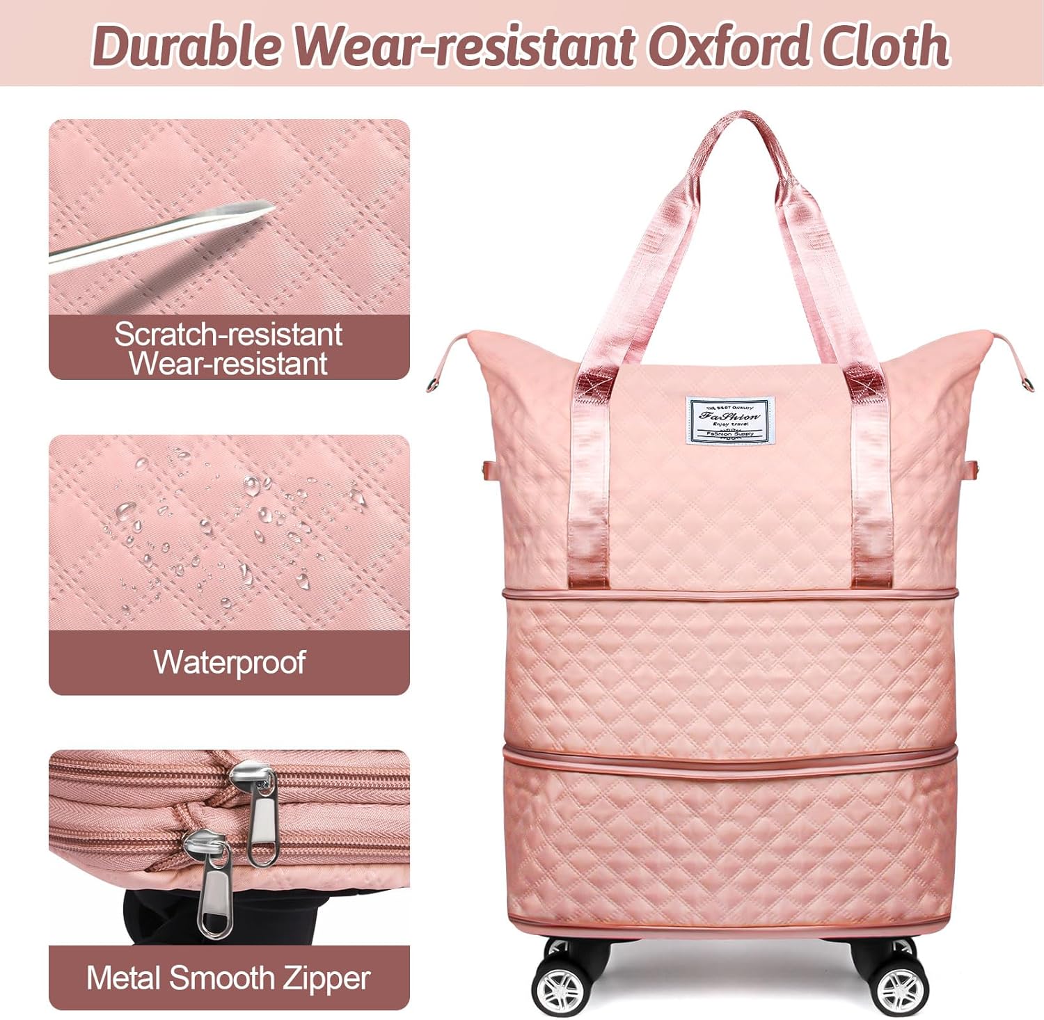 Rolling Duffle Bag with Wheels, Expandable Travel Luggage, Foldable Carry On, Large Pink a7