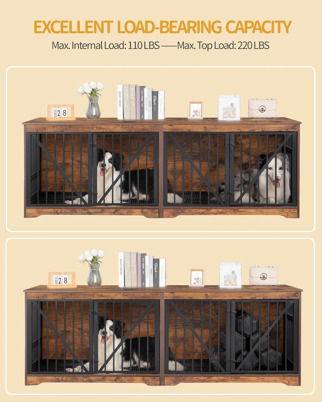 76.4" Wood Dog Crate Furniture with Divider for 2 Dogs, Brown K452
