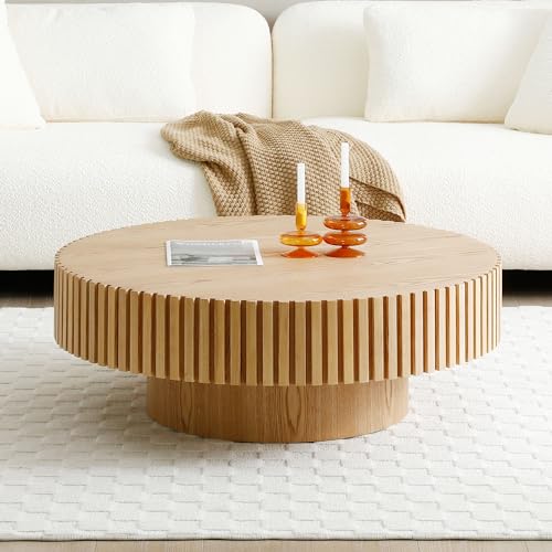 Walnut Wood Coffee Table 31.49" Round Handcraft Drum Coffee Table with Vertical Texture Relief Design Modern Circle Pedestal Tea Table Cocktail Table Center for Living Room,Apartment