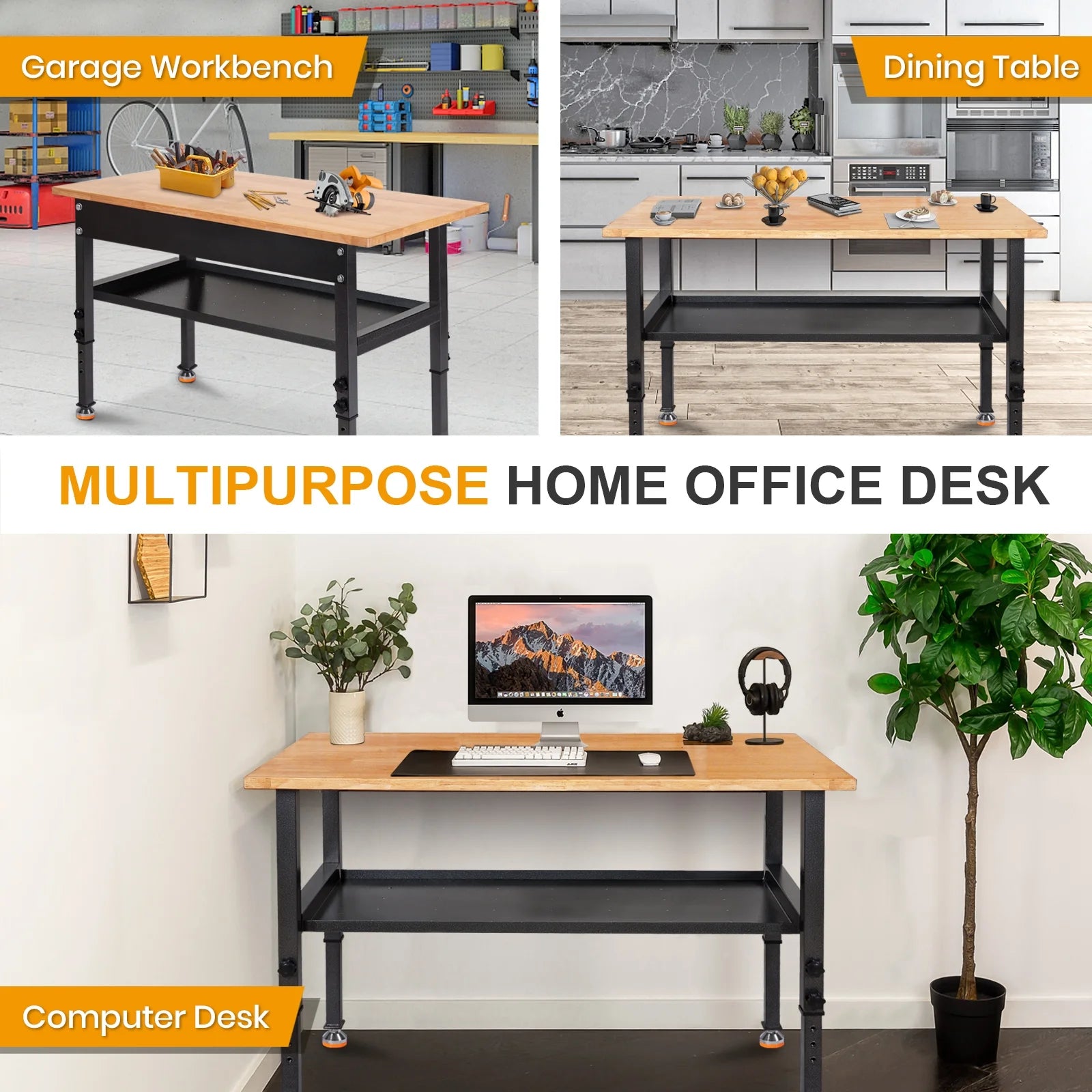 Polar Aurora 48" Adjustable Heavy-Duty Workbench with Rubber Wood Top D7005