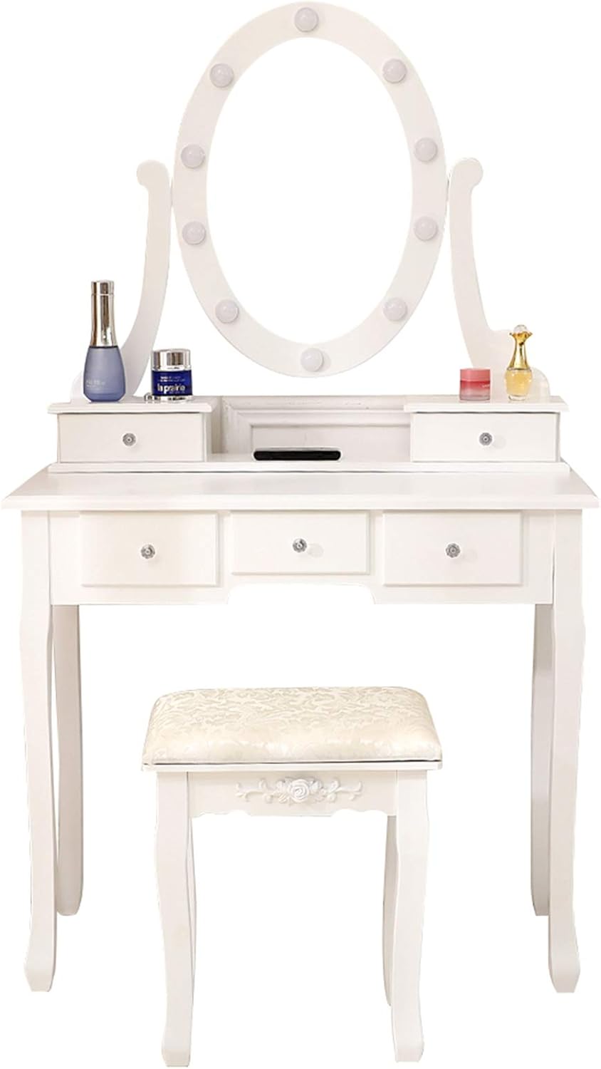 White Lighted Makeup Vanity Set with Rotating Mirror and Cushioned Stool Y385384