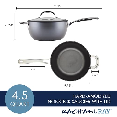 Rachael Ray Cook + Create Hard Anodized Nonstick Saucier Pan with Lid, 4.5 Quart, Black J558