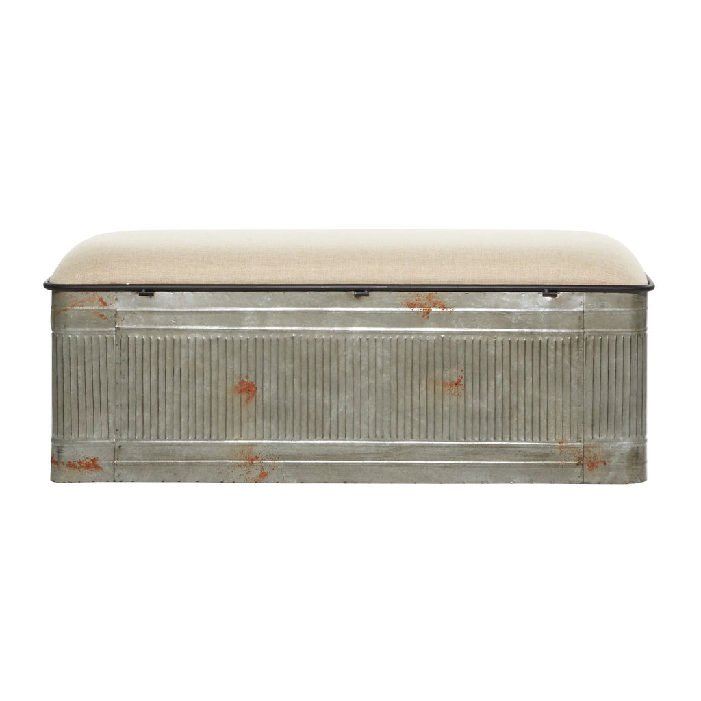 DecMode Metal Galvanized Storage Bench with Cream Burlap Top K1740