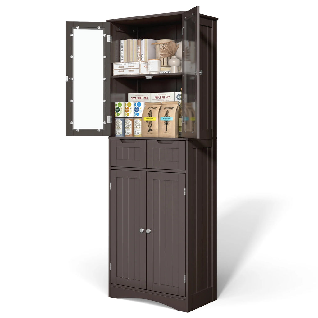 Lofka Tall Storage Cabinet with Glass Doors and 2 Drawers, Dark Brown F93607
