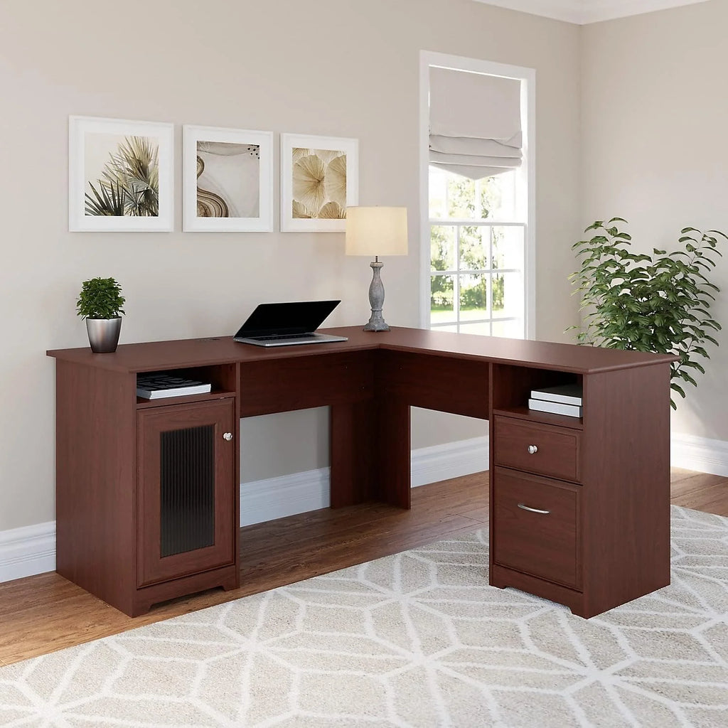 Cabot L Shaped Computer Desk with Drawers, Harvest Cherry K688