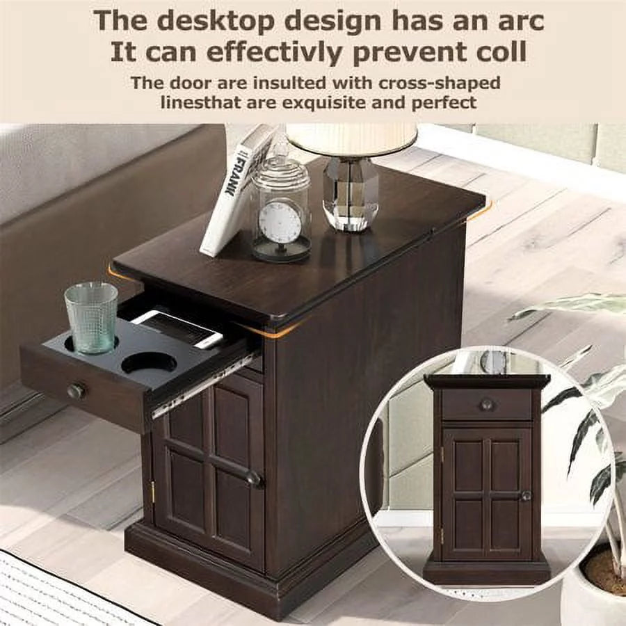 Churanty Vintage End Table with USB Ports, Drawer and Cup Holders T166892