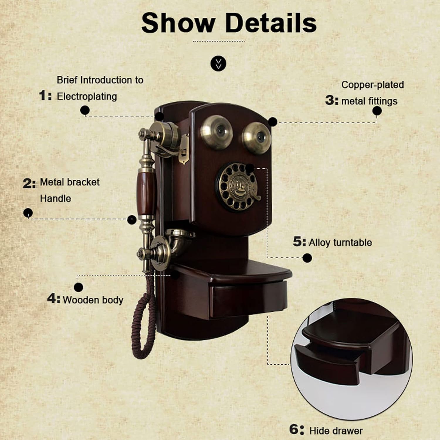 Retro Antique Corded Landline Rotary Dial Phone for Home Desk Decor J3384