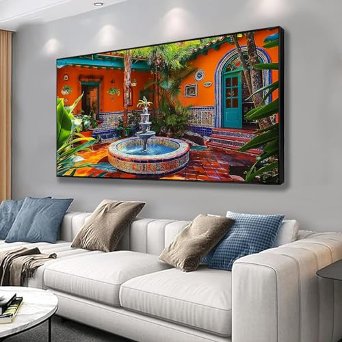 Colorful Mexican Village Canvas Wall Art Gold Frame 36x20 in a7