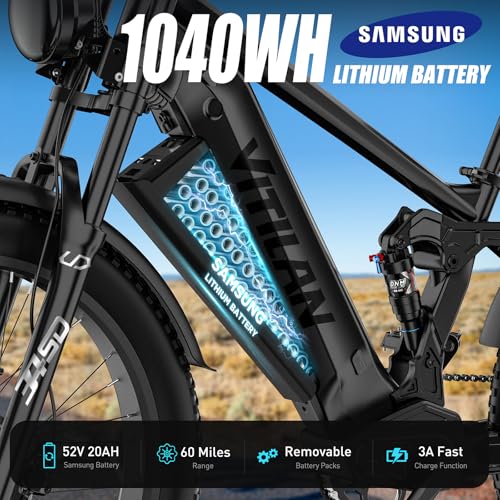 VITILAN T7 PRO 1600W Peak Electric Bike for Adults, 52V 20AH Removable Battery, 26 Inch Fat Tire Mountain E-Bike N89450