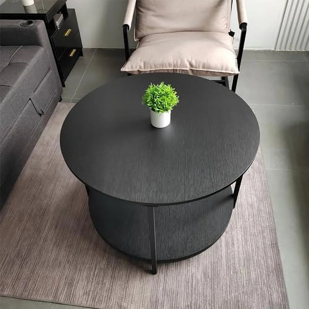 Mid Century Modern Round Coffee Table with Open Shelf, Rustic Wood and Metal Legs N5551