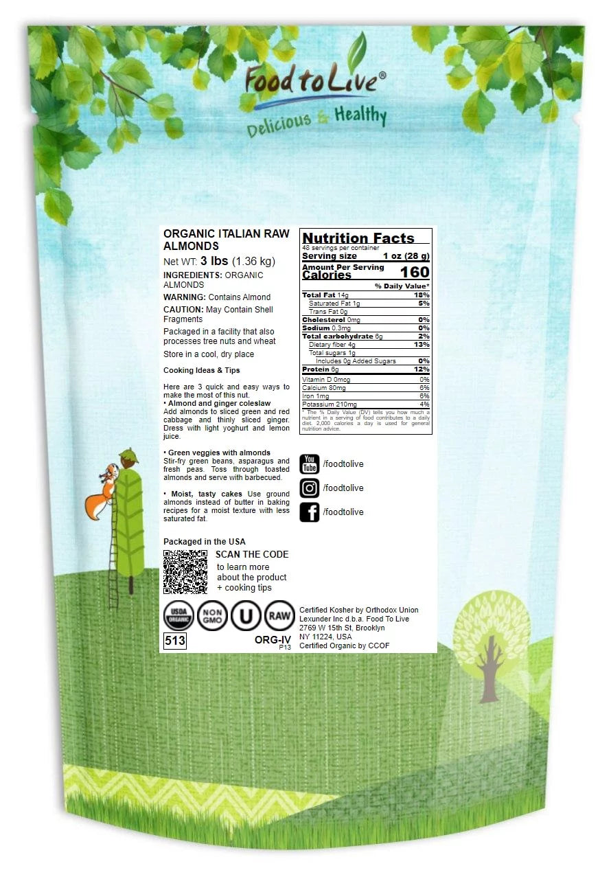 Organic Italian Raw Almonds, 3 Pounds by Food to Live X334536