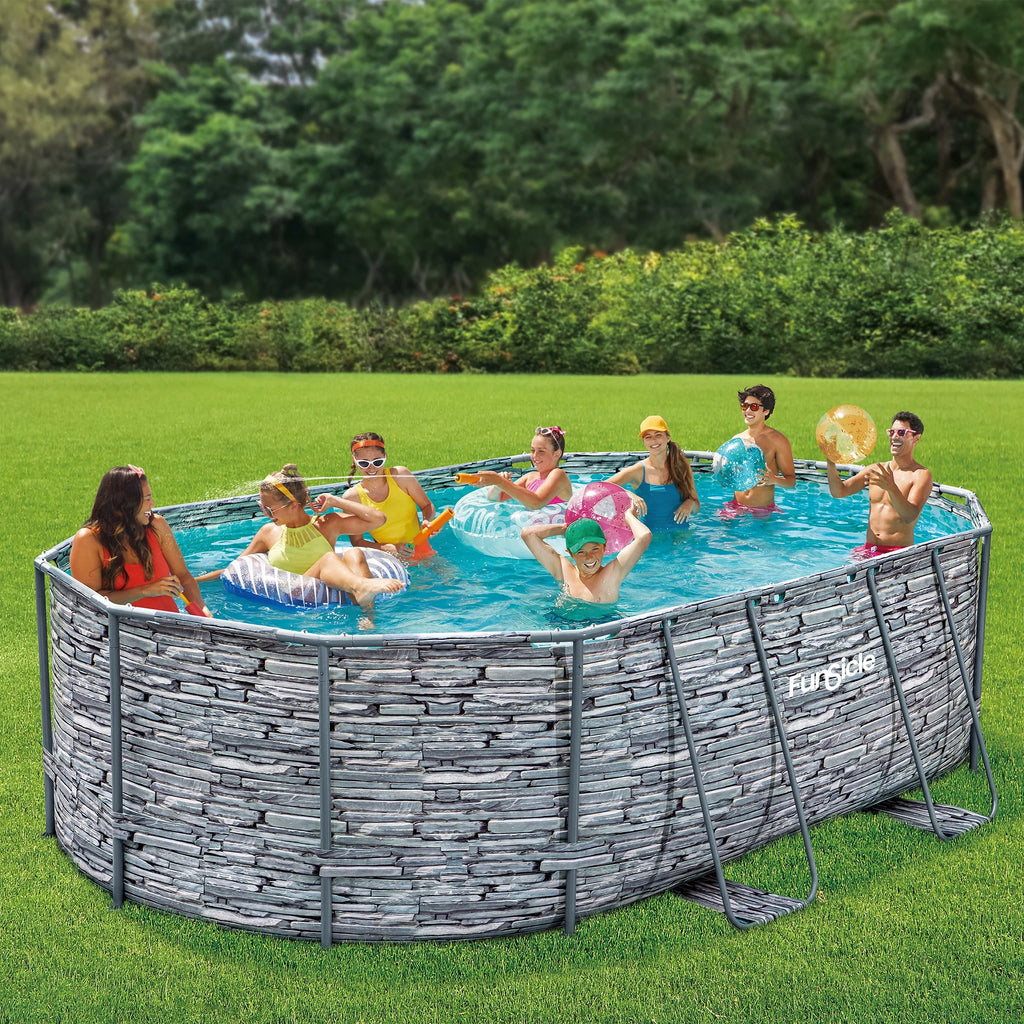 Funsicle 16 ft Oval Oasis Designer Above Ground Pool, Stone Print E4150