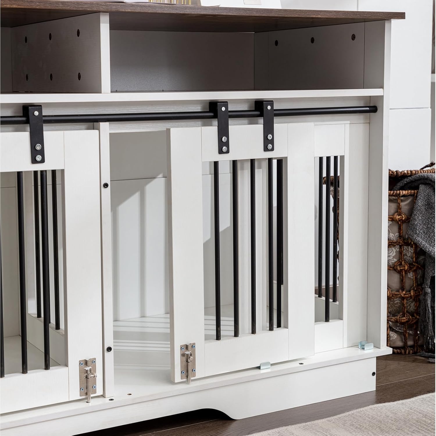 55" Double Dog Crate Furniture End Table with Drawers, Indoor Kennel for Small/Medium Dogs K155691