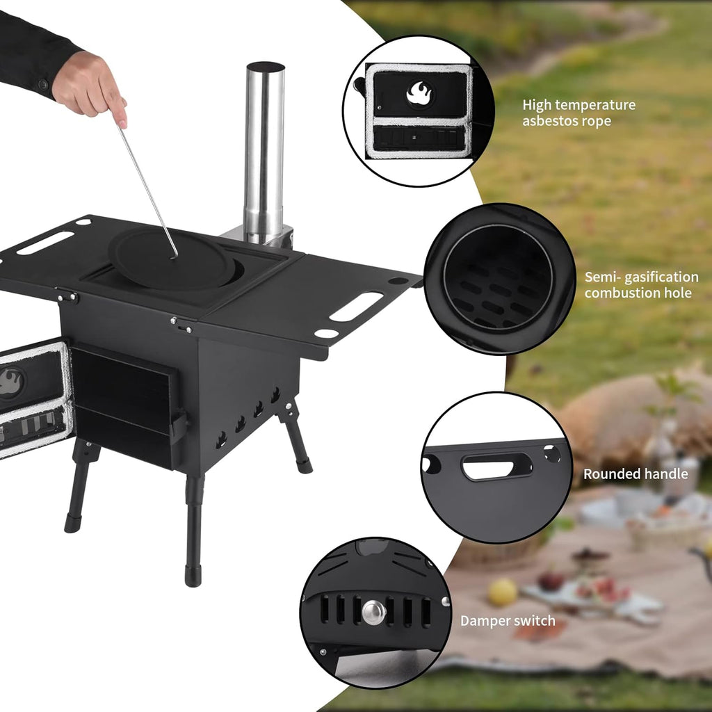 Portable Wood Burning Stove with Chimney Pipe for Camping Tent Heating Cooking k7m