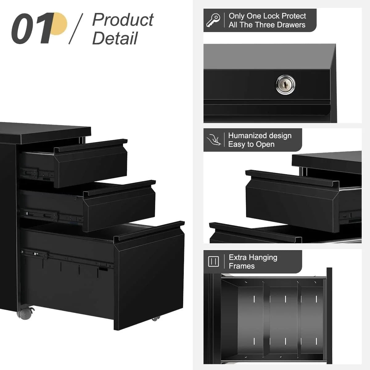3 Drawer Metal File Cabinet with Lock Black F268
