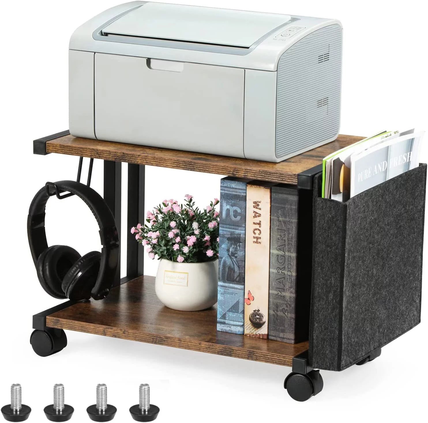 2-Tier Mobile Printer Stand with Storage, Under Desk Cart V92862