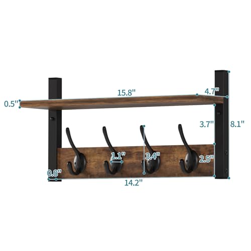 Wood Coat Rack with 16 Hooks, Wall Mounted, Rustic Brown A652