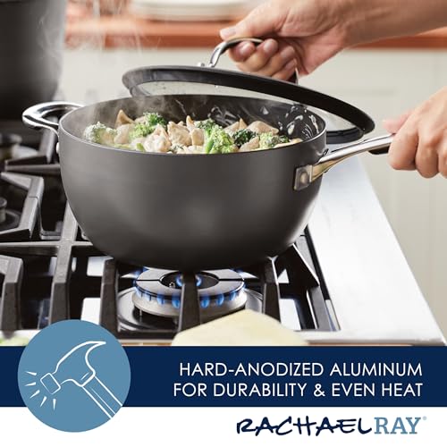 Rachael Ray Cook + Create Hard Anodized Nonstick Saucier Pan with Lid, 4.5 Quart, Black J558