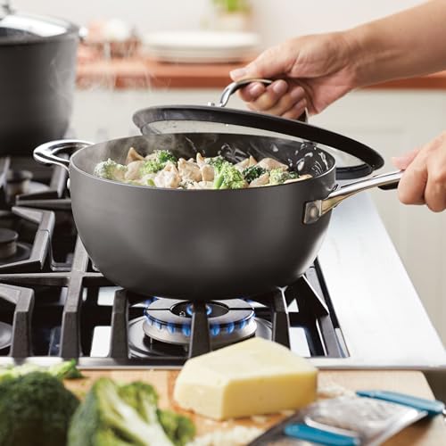 Rachael Ray Cook + Create Hard Anodized Nonstick Saucier Pan with Lid, 4.5 Quart, Black J558