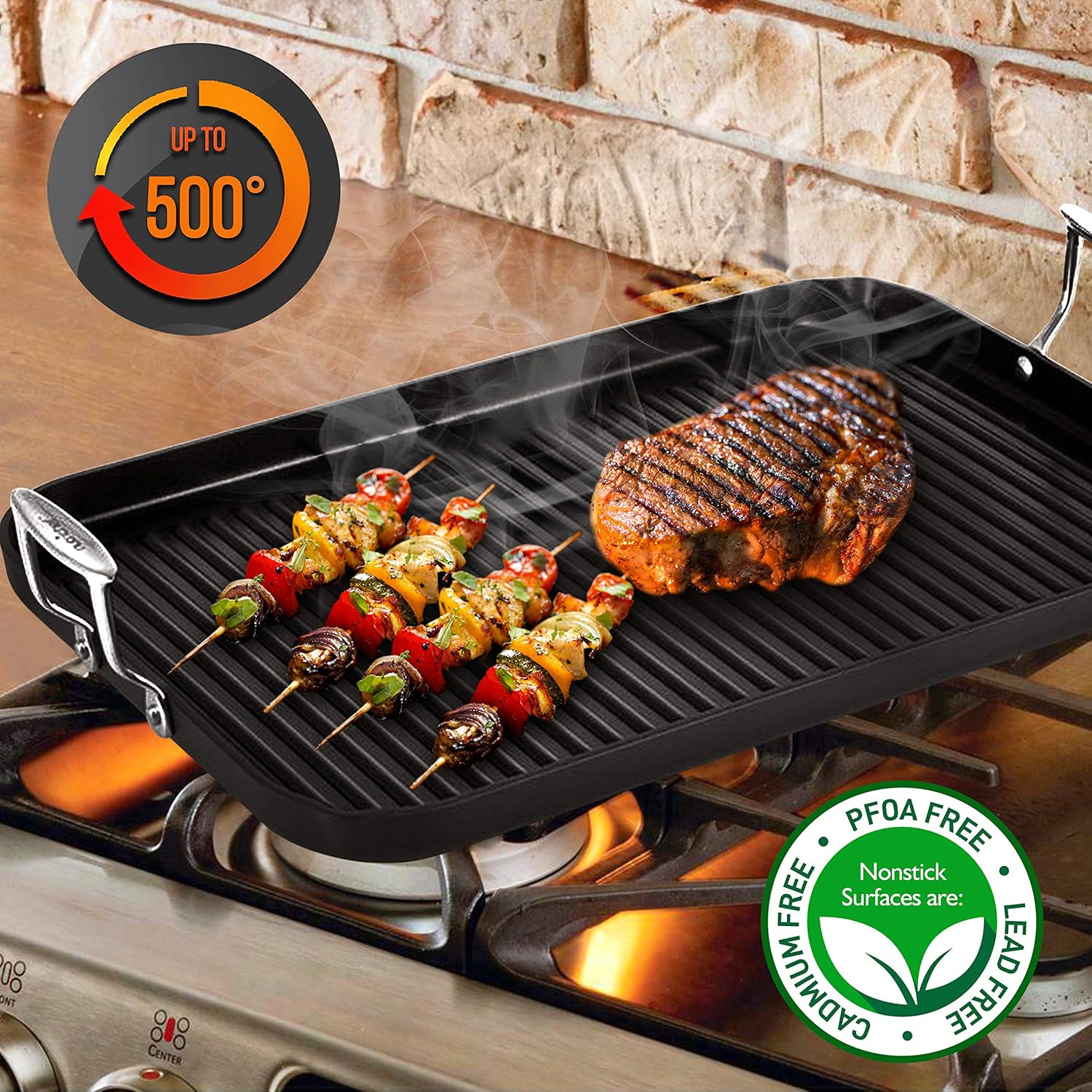 NutriChef 20"x13" Double Burner Nonstick Grill & Griddle Pan V704292