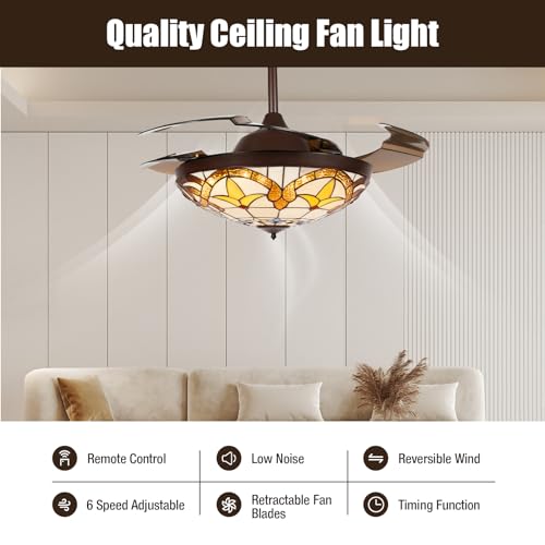 42 Inch Tiffany Style Stained Glass Ceiling Fan with Light and Remote Control A90632