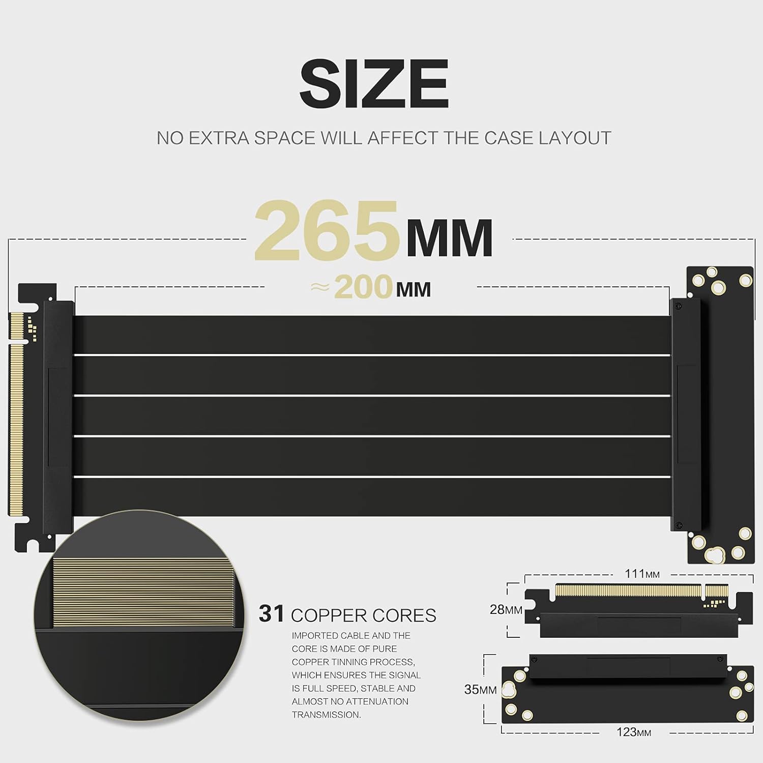 PCIE 4.0 16x Shielded Riser Cable for GPU Extension 20CM-90 k7