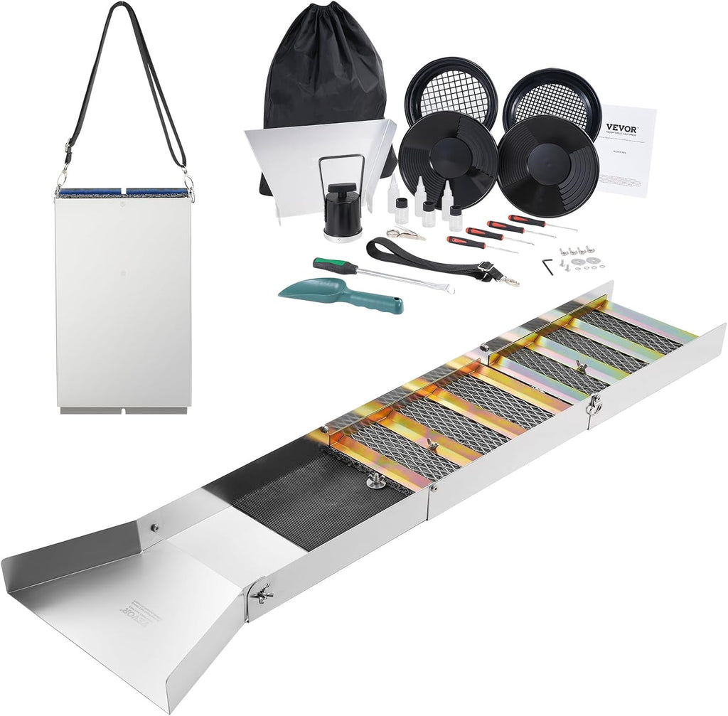 VEVOR Complete Sluice Box Gold Panning Kit, 50" Folding Aluminum Alloy Gold Mining Equipment, 23 PCS Gold Prospecting Kit with Gold Pan, Classifier Screen, Separating Magnet, Backpack and More