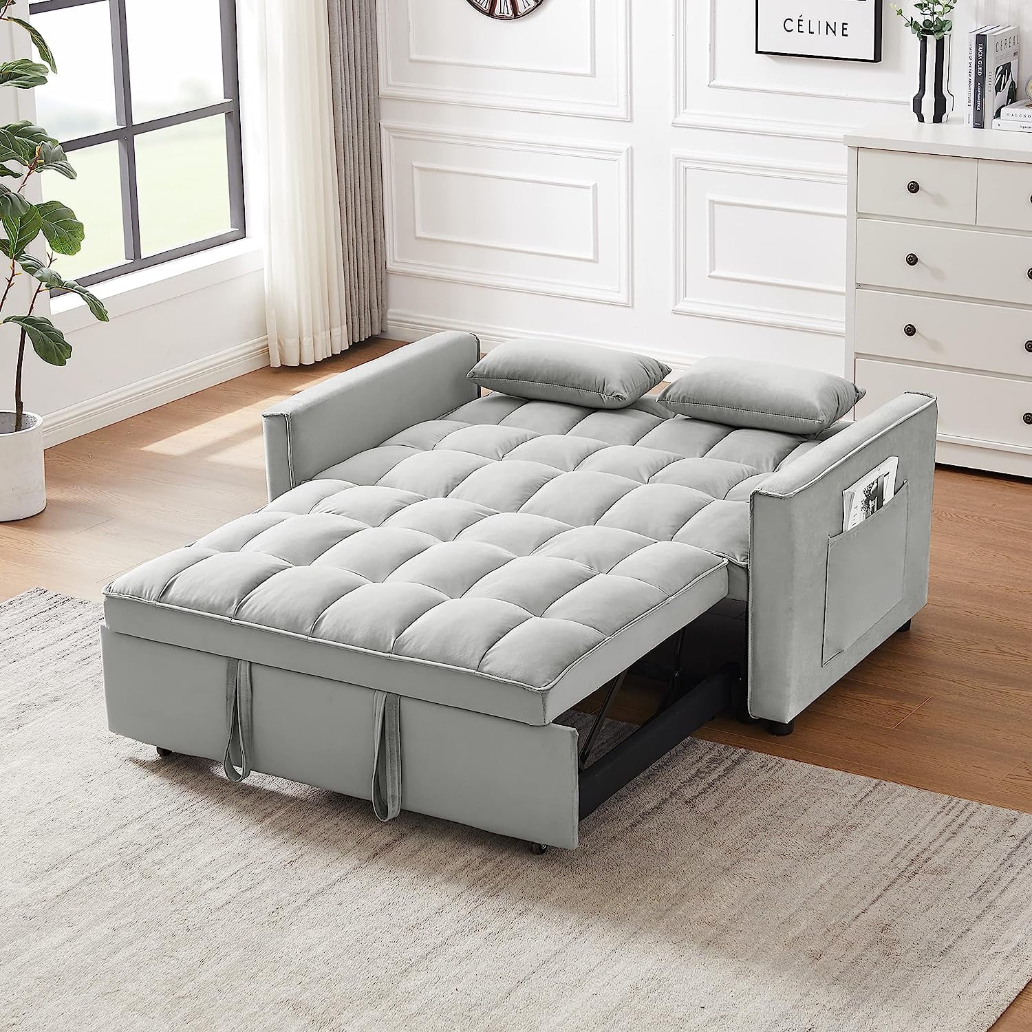 Velvet Loveseat Sleeper Sofa with Adjustable Backrest and Toss Pillows X71008