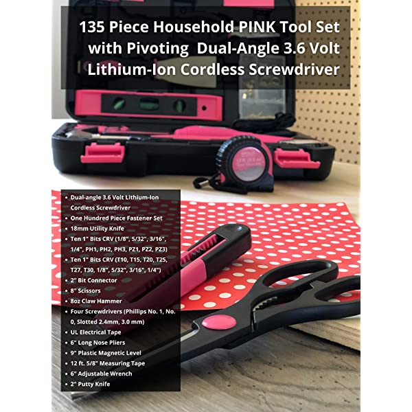135 Piece Household Tool Kit Pink with Cordless Screwdriver k7