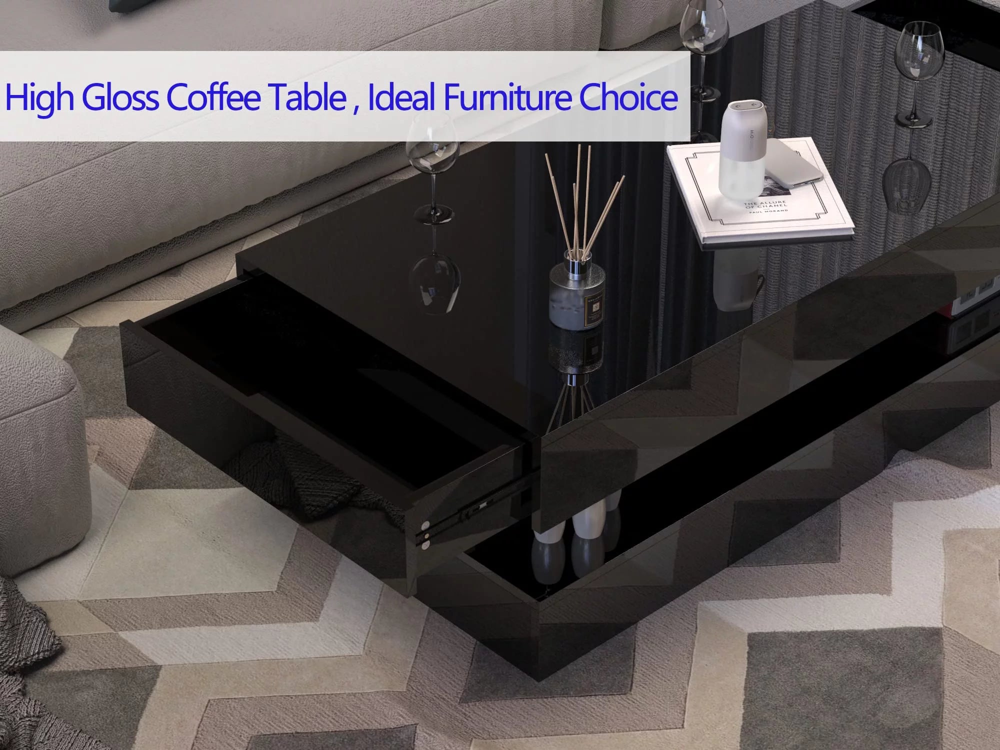LED Coffee Table with 2 Storage Drawers, App Control k7m