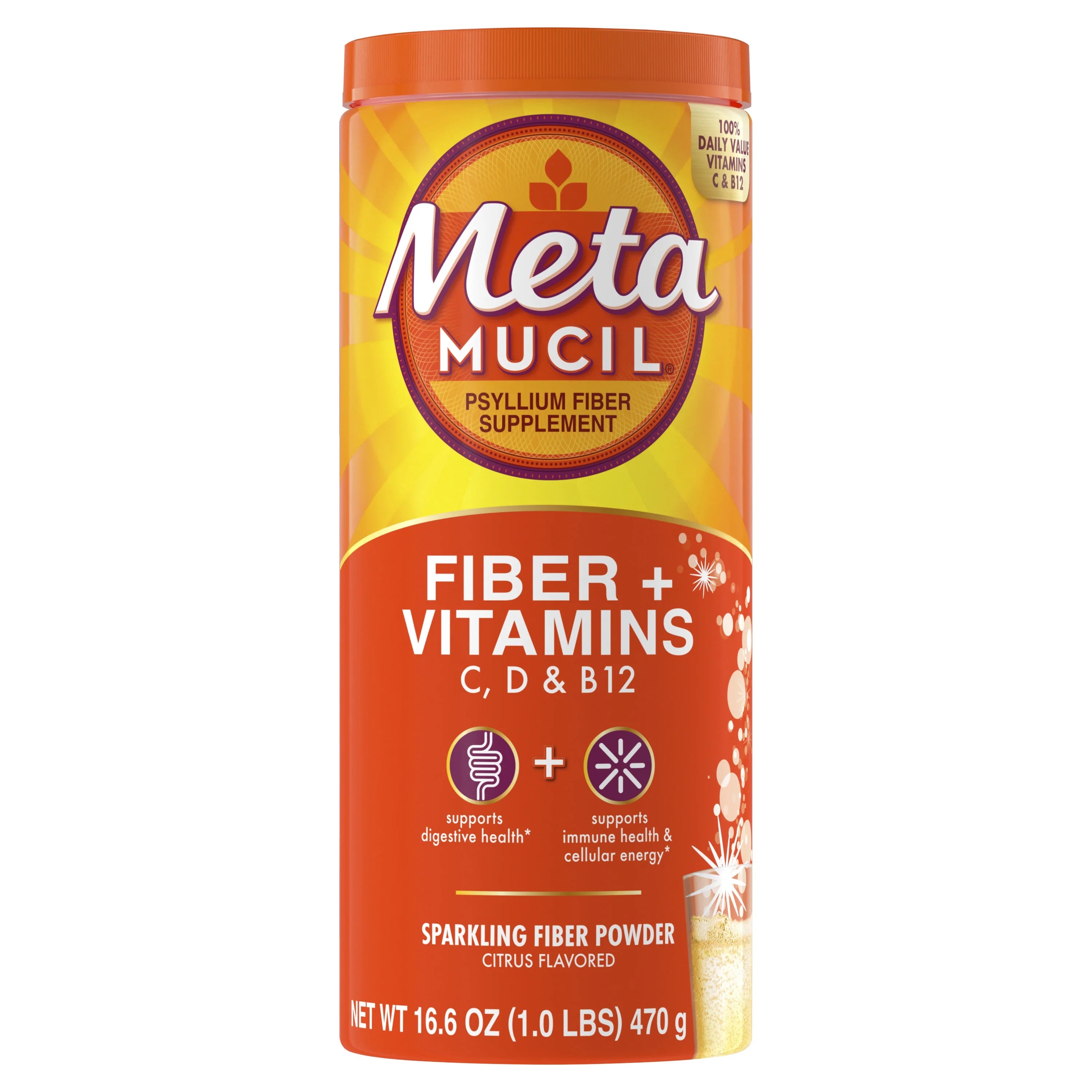 Metamucil Daily Fiber Supplement with Vitamins C, D & B12, Citrus, 50 Servings U266808