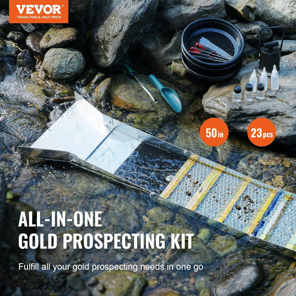 VEVOR Complete Sluice Box Gold Panning Kit, 50" Folding Aluminum Alloy, 23 PCS Prospecting Equipment C595335