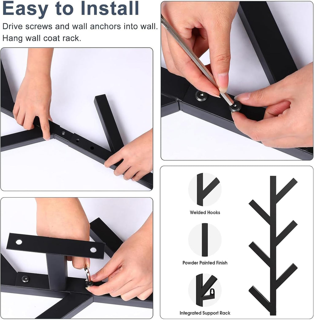 2 Pack Wall Mount Coat Rack, Matte Black, Metal Hat & Clothes Hanger U4293