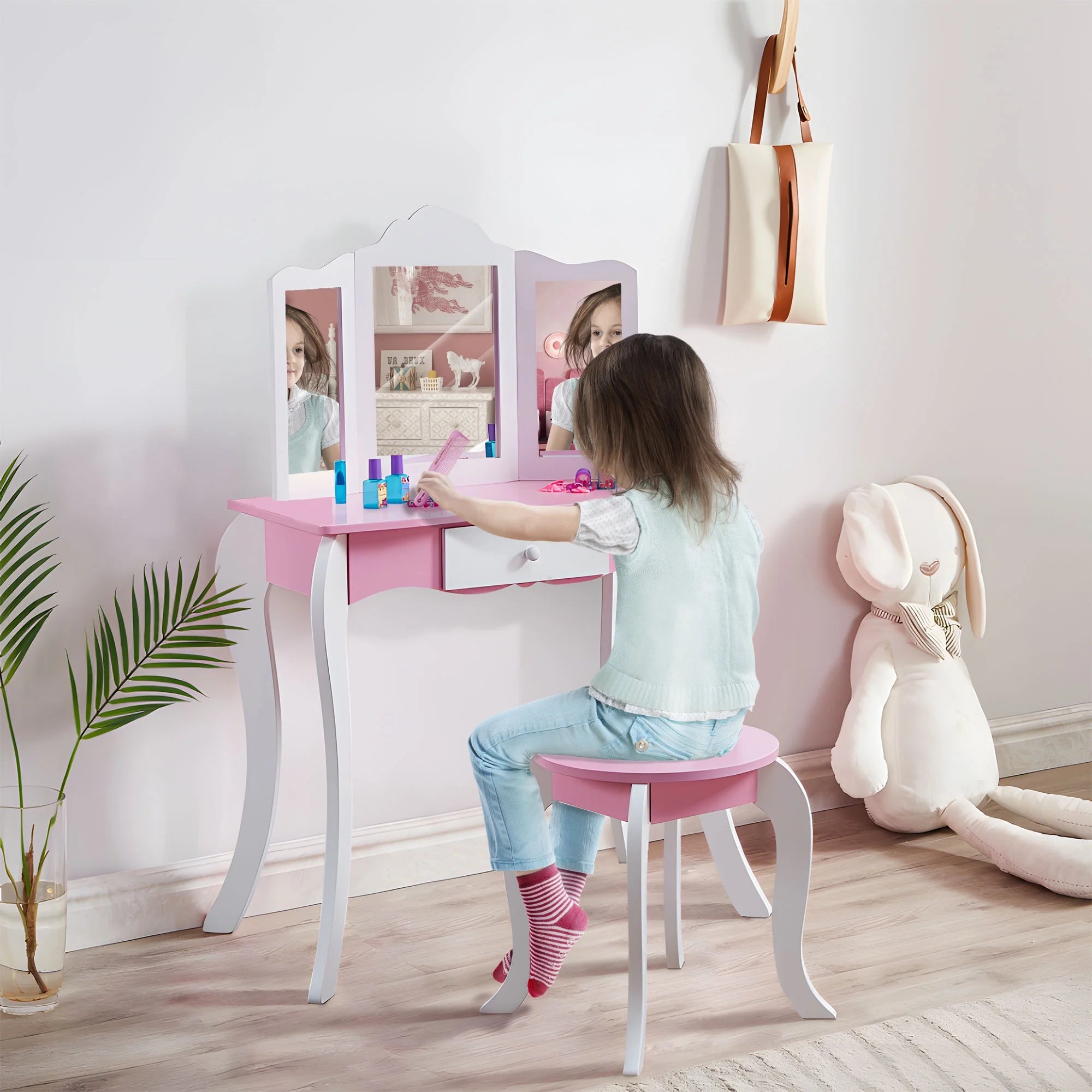 iRerts Kids Vanity Set with Mirror Princess Makeup Dressing Table, Pink O494