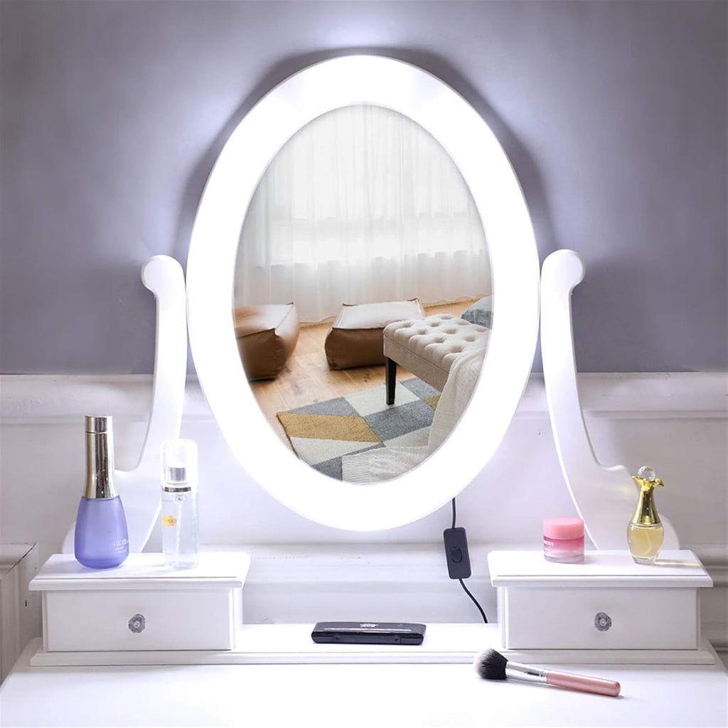 White Lighted Makeup Vanity Set with Rotating Mirror and Cushioned Stool Y385384
