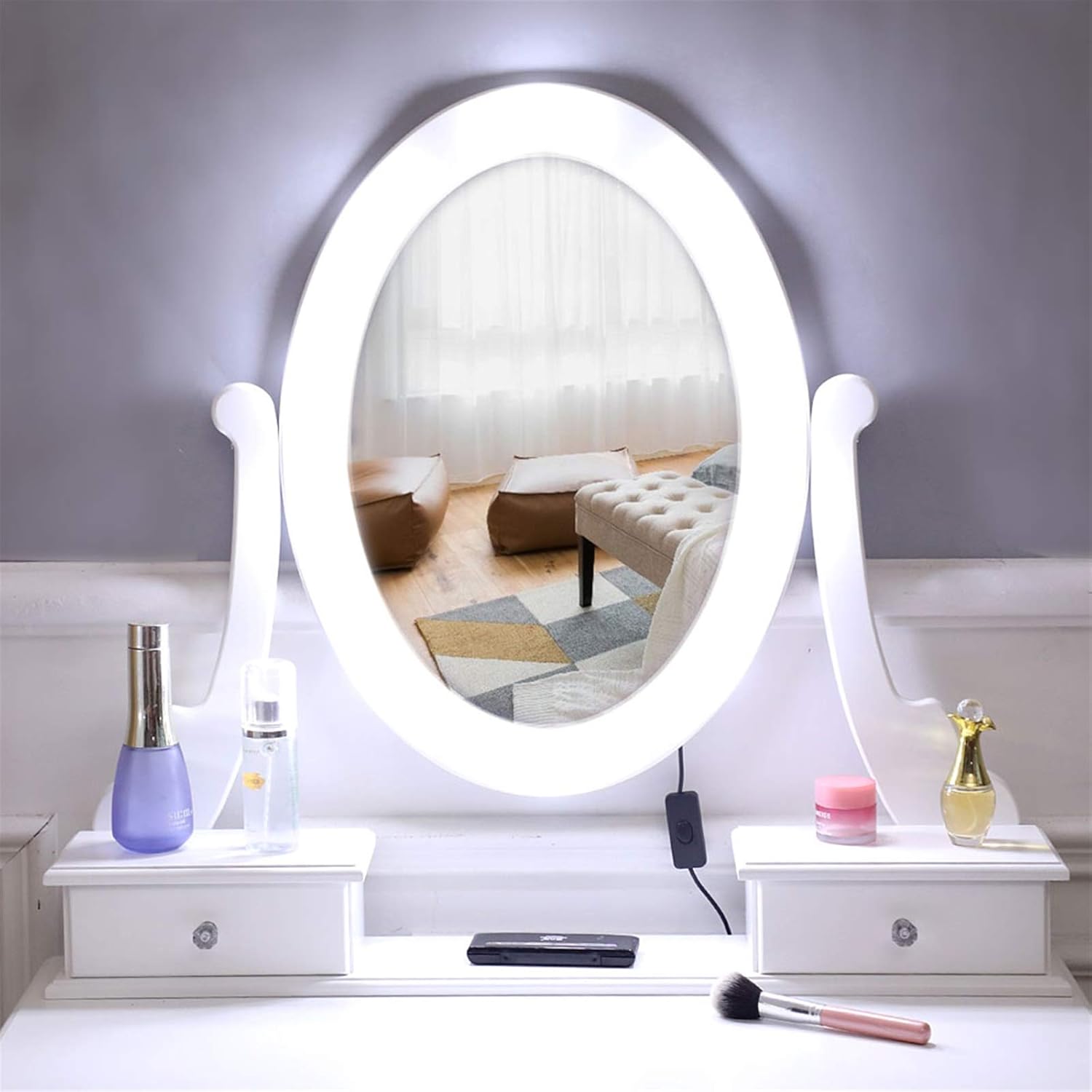 White Lighted Makeup Vanity Set with Rotating Mirror and Cushioned Stool Y385384