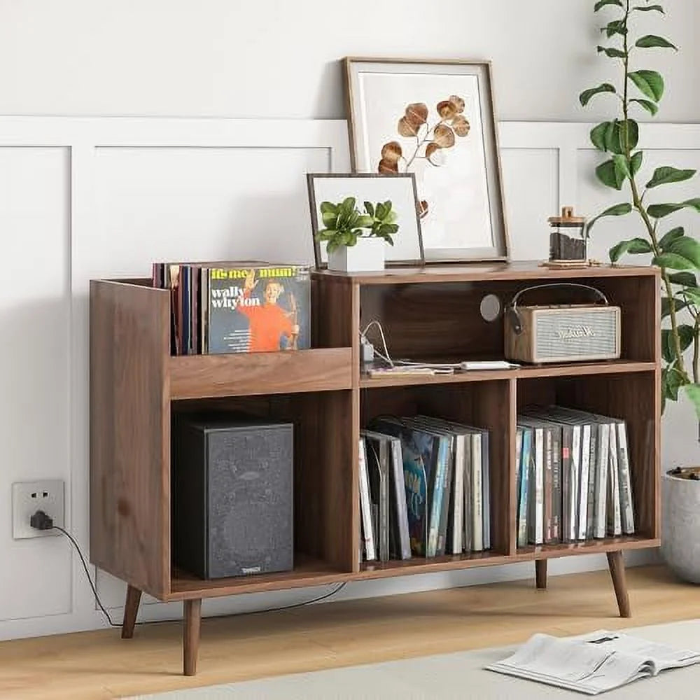 TJBOLIFE Mid-Century Record Player Stand with Vinyl Cabinet and Power Outlet H348