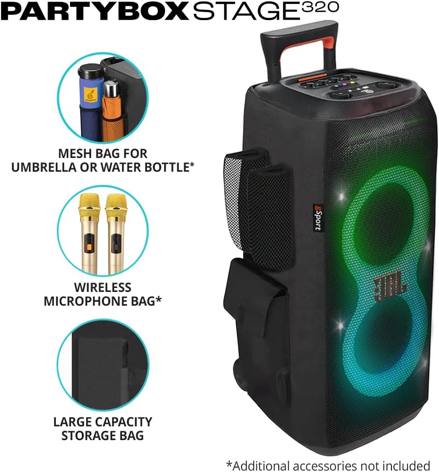 JBL PARTYBOX Stage 320 Portable Party Speaker with gSport Cargo Sleeve, Black P2381