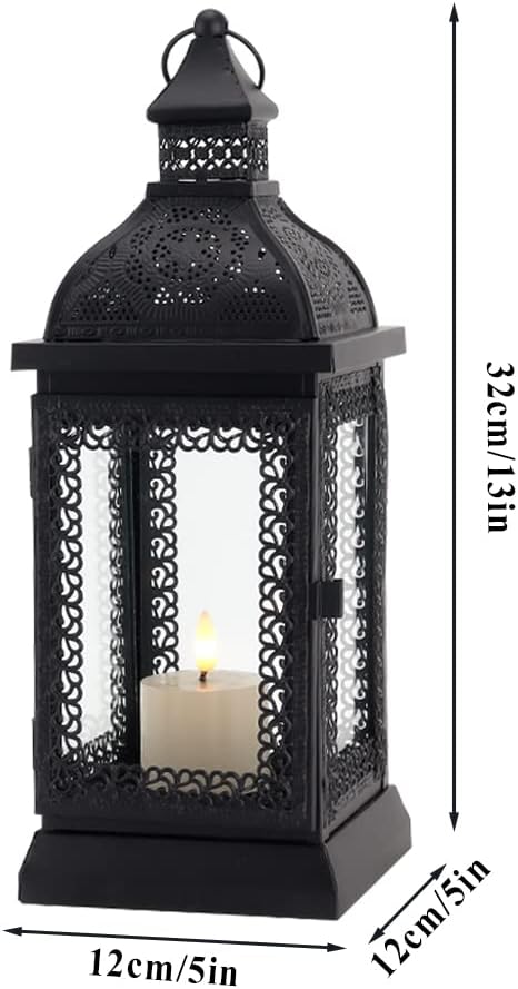 Rustic Metal Candle Lantern 13in Outdoor Decor Black a7