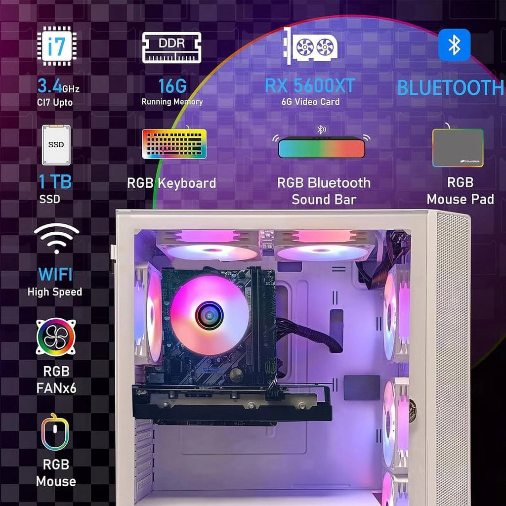 Gaming Desktop PC, Intel Core i7, 16G RAM, 1T SSD, RX 5600 XT 6G, WiFi 6, RGB Fan & Keyboard, Windows 10 Home k7