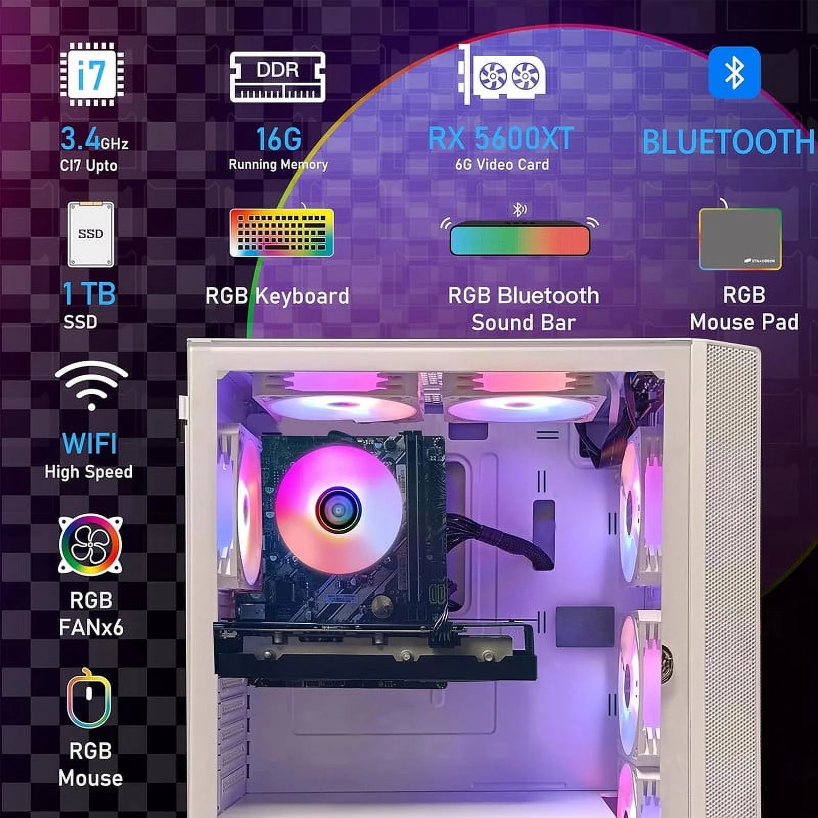 Gaming Desktop PC, Intel Core i7, 16G RAM, 1T SSD, RX 5600 XT 6G, WiFi 6, RGB Fan & Keyboard, Windows 10 Home k7