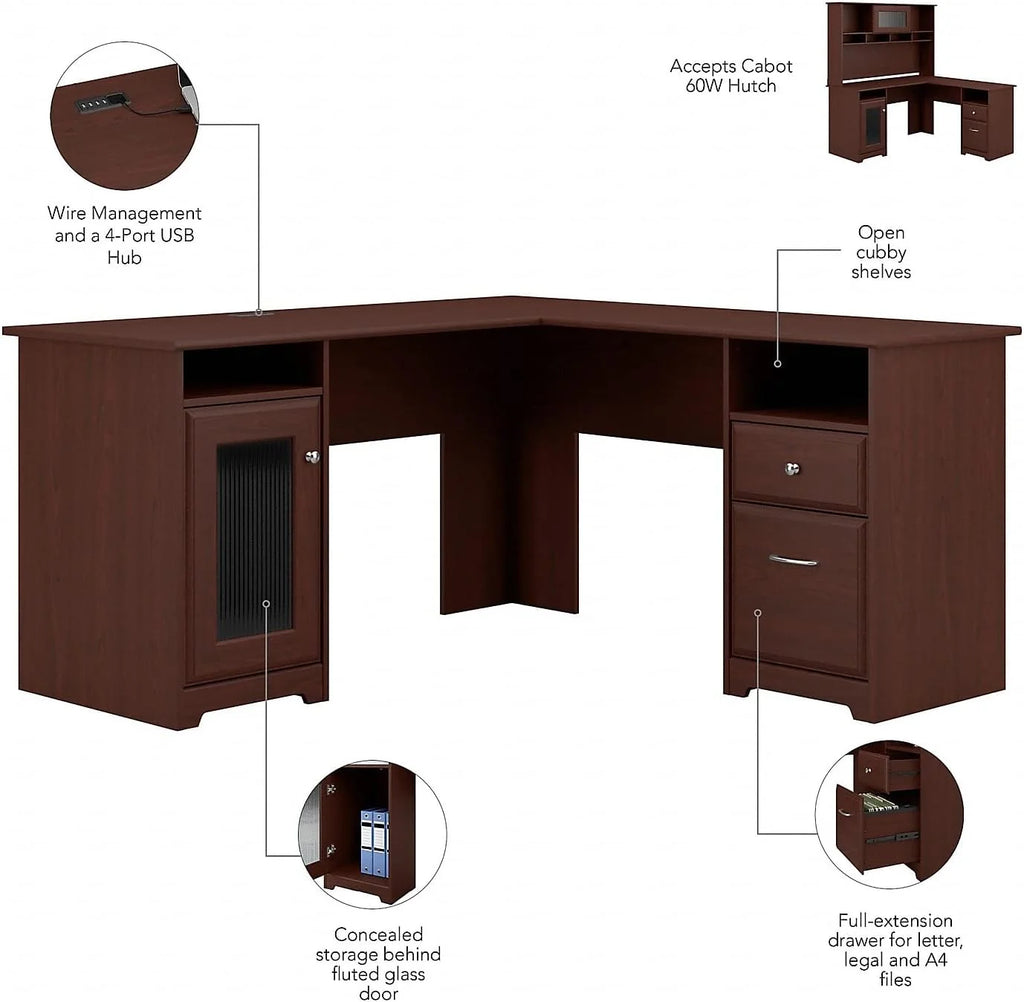 Cabot L Shaped Computer Desk with Drawers, Harvest Cherry K688