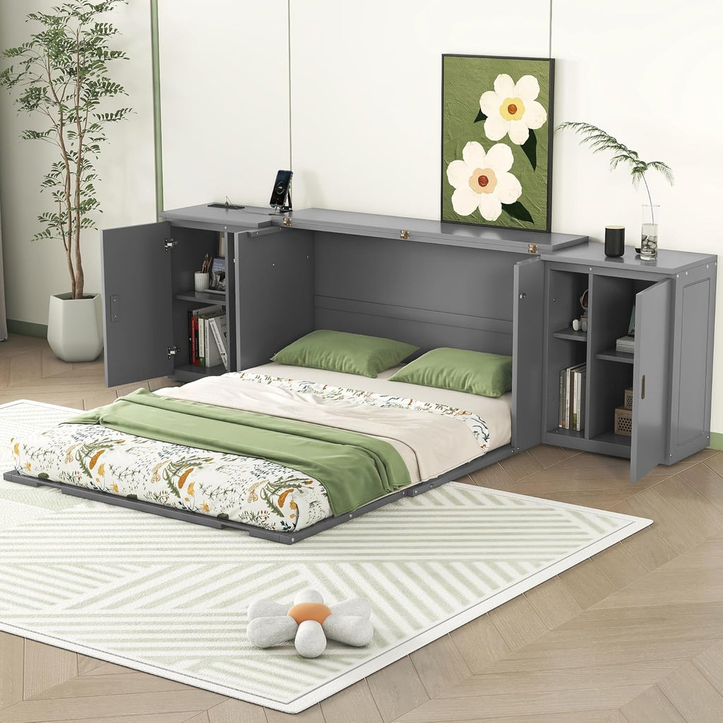 Queen Murphy Bed with Shelves, Cabinets and USB Ports B38632